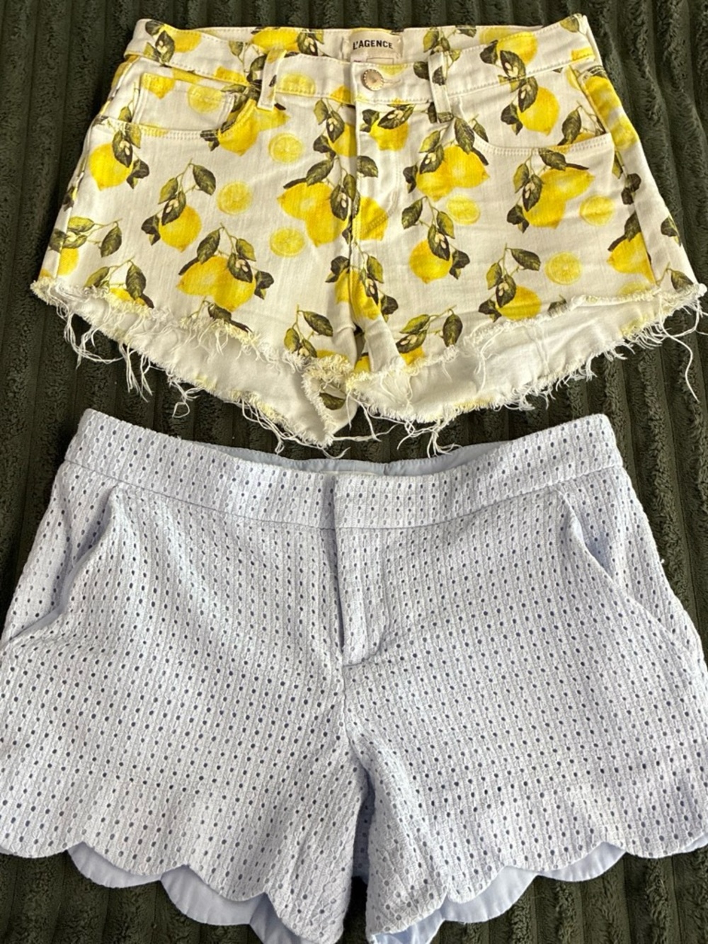 L'AGENCE White Denim Lemon-Print Frayed Shorts